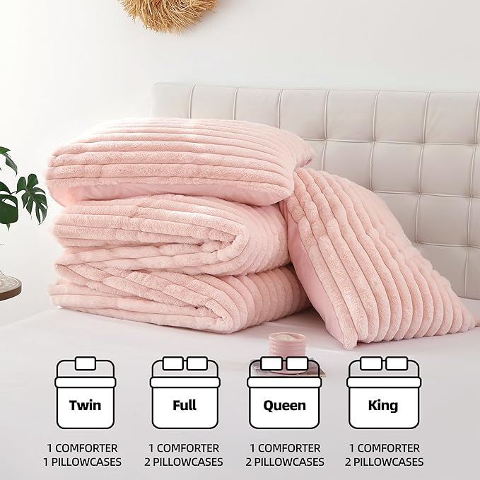 Smoofy Fluffy King Size Comforter Set 3 Pieces - Blush Pink Fleece Fluffy Comforter Set, Luxury Fuzzy King Bedding Set, Soft King Bed Set All Season, Heavy Faux Fur Comforter with 2 Pillow Cases