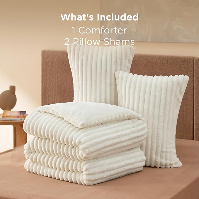 Bedsure King Comforter - GentleSoft™ 3 Pieces Double-Side Fleece Fluffy White Comforter Set, Cozy Striped Room Decor Aesthetic, Luxury King Size Bedding with 2 Pillowcases, 104x90 Inches