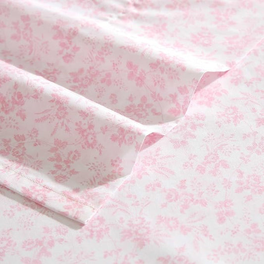 Laura Ashley - Twin Sheet Set, Crisp & Cool Cotton Percale Bedding with Deep Pockets, Lightweight for Year Round Comfort, Bed Sheets with Matching Pillowcases (Floral Toile Pink)