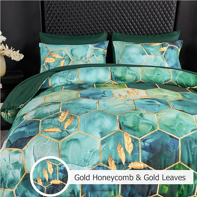 ANGIYUIN 7Pcs Teal Green Marble Comforter Set Full Watercolor Gold Bedding Set Geometric Honeycomb Printed Bed Sets Luxury Gold Leaves Bed in A Bag for Women Men(Full Teal Green)