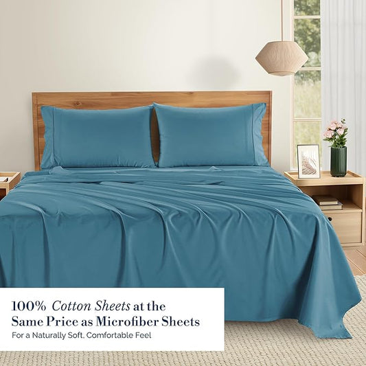 Casa Platino Sheet Set Twin Size – 100% Cotton Bed Sheets Twin with 2 Pillowcases, Ultra Soft & Cozy, Lightweight & Breathable, With 15" Deep Pocket Fitted Sheet, Perfect Everyday Sheets – Blue Heaven