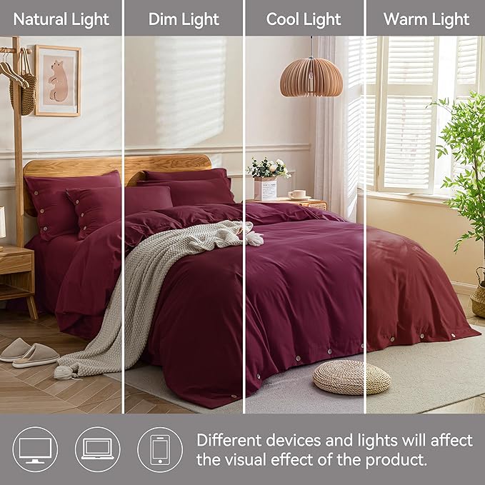 JELLYMONI Cotton Duvet Cover Full Size - Burgundy Comforter Cover with Button 100% Washed Cotton 3PCS Breathable Soft Solid Bedding Set Duvet Cover 80×90in & 2 Pillowcases (NO Comforter)