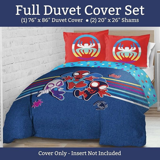 Jay Franco Duvet Cover Set – 3 Piece Comforter Cover and Sham Set, Super Soft Cozy Kids Bedding (Insert Not Included) Blue - Spidey & Friends, Twin