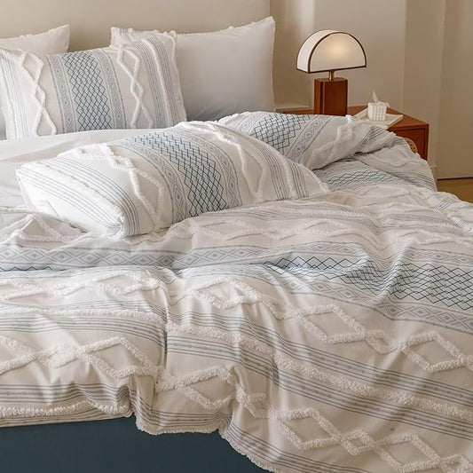 Houseri Tufted Blue Comforter Set California King Jacquard Bedding Shabby Chic Farmhouse Bed Sets Cal King