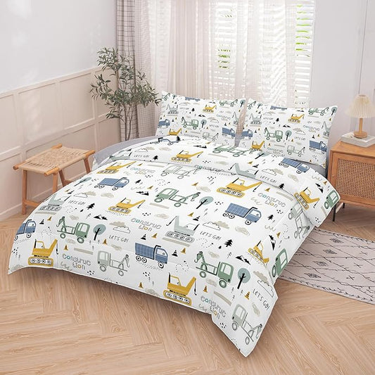 NINENINE Boys Construction Bedding Set Full, 3-Piece Kids Comforter Set for Boys, Soft Lightweight Microfiber Kids Excavator Comforter Set with 2 Pillowcases