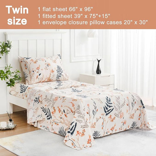 JSD Boho Floral Printed Sheet Set Twin Size 3 Piece, Soft Botanical Pattern Microfiber Sheets Extra Deep Pocket