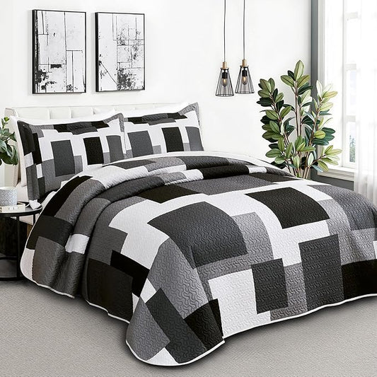 3 Piece Black Grey Quilt Set King Size Black White Gray Geometric Reversible Bedding Set Microfiber Lightweight Bedspread Coverlet with 2 Shams Modern Bed Covers for All Season, 106''x96''