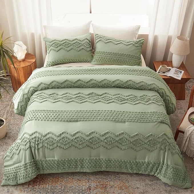 Luxudecor Sage Green Tufted Comforter Set Queen Size 3 Pieces Boho Shabby Chic Comforter Farmhouse Embroidery Bedding Set Soft Comforter for All Seasons (Sage Green, 90''x90'')