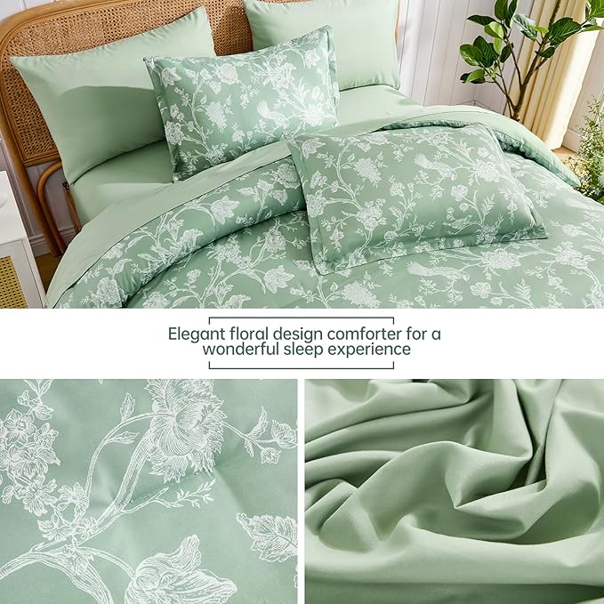 Luxudecor Floral Comforter Set King Size 7 Pieces, Green Flower with Bird Bed in a Bag, Soft Reversible Comforter with Sheet Bed Set 104"x90"