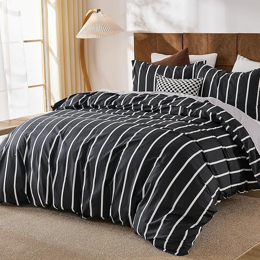 Merryword Black and White Striped Duvet Cover Set Queen Size - 100% Cotton Bedding Set 3 Pieces, Soft Breathable Comforter Cover with Pillowcases, Minimalist Chic Aesthetic Bedding Set for All Seasons