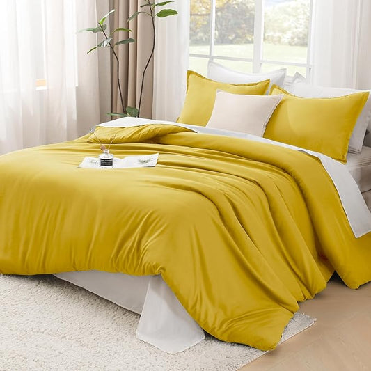 Litanika Mustard Yellow Comforter Set California King Size, 3 Pieces Cal King Lightweight Solid Bedding Comforter Set, All Season Fluffy Bed Set (104x96In Comforter & 2 Pillowcases)