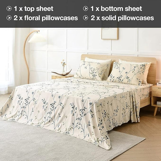 JSD 6 Piece Beige Leaves Printed Sheet Set Queen Size, Soft Botanical Microfiber Sheets Extra Deep Pocket