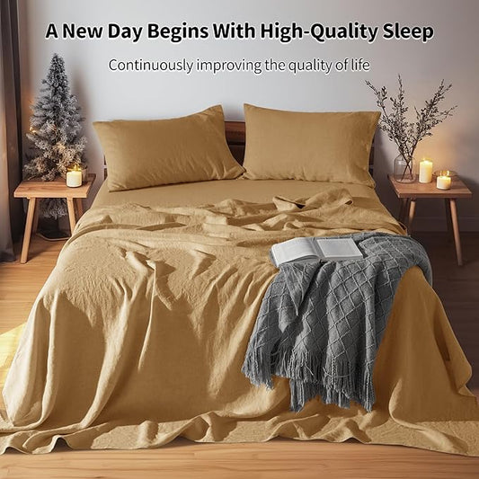 LBRO2M 100% Pure Linen Sheet Set Deep Pocket Up to 16" Bed Sheets Sets, Natural Flax Beddings Soft, Breathable, Comfortable for All Seasons 4 Pcs Sheet Set California King Size, Rust