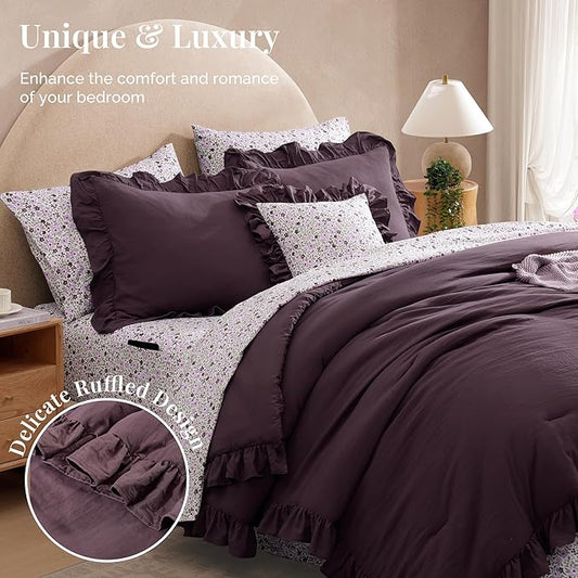 Oversized Queen Comforter Set - 7 Pieces Ruffle Dark Purple Bedding Sets, Shabby Chic Farmhouse Bed in a Bag with Ruffle Comforter, Floral Sheets, Pillowcases & Shams
