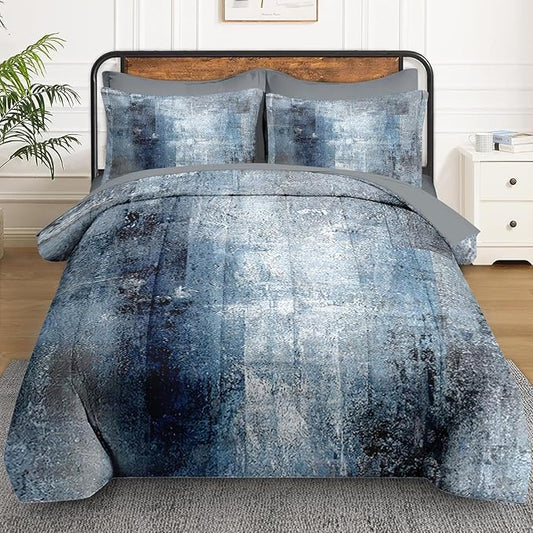 5 Pcs Twin Size Comforter Set with Pillowcase & Sham, Navy Indigo Blue Bedding for Kids and Adults, Contemporary Abstract Gray Bedding Set with Flat Fitted Sheet