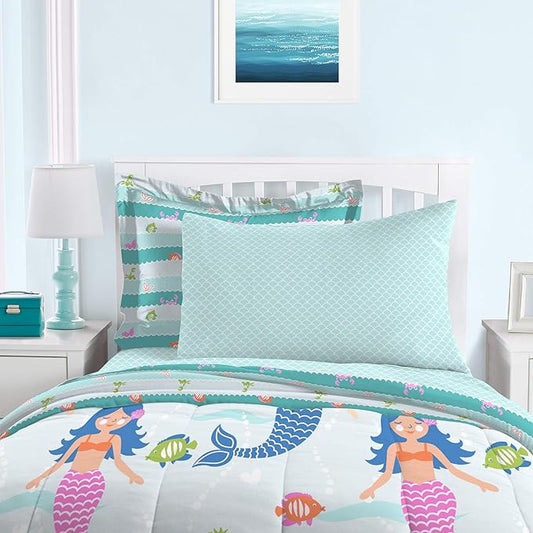 dream FACTORY Kids 5-Piece Complete Set Easy-Wash Super Soft Microfiber Comforter Bedding, Twin, Light Blue Mermaid Dreams