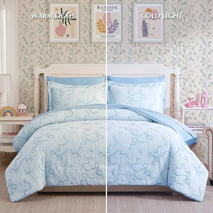 Geniospin Light Blue Twin Comforter Set for Girls- 5 Pieces Bowknot Jacquard Bed in A Bag Twin Bedding Sets with Sheets, Pillowcases & Shams, All Season Kids Comforter Set