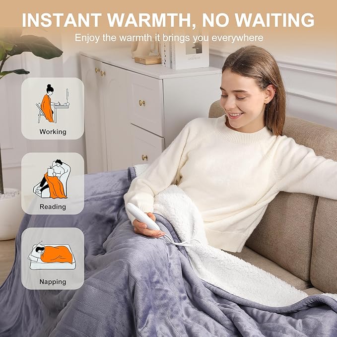 Heated Blanket Full Size Electric Blanket 72''X84'' - Purple Heated Blanket Flannel Sherpa Double Sided Heating Blanket with 5 Heat Settings & 10 Hours Auto-Off for Grandma Gifts(Lavender Purple)