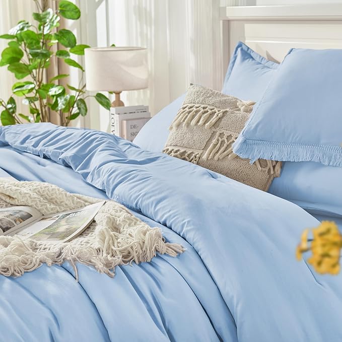 Andency Queen Comforter Set with Sheets Light Blue - 7 Pieces Boho Tassel Bed in a Bag Soft Lightweight Bedding Sets, Fringe Bed Set with Comforter, Sheets, Pillowcases & Shams