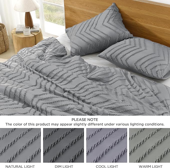Litanika Gray Queen Size Comforter Sets, 3 Pieces Lightweight Chevron Tufted Bedding Comforter Set, Fluffy Down Alternative Comforter Bed Set Gift Choice (90x90In Comforter and 2 Pillowcases)