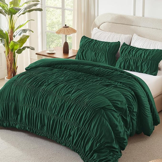 Andency Ruched Dark Emerald Green Oversized Queen Size Comforter Sets, Shabby Chic Pleated Bedding Sets 3 Pieces, Lightweight Soft Boho Ruffle Bed Set for Girls, Kids, Women, All Season