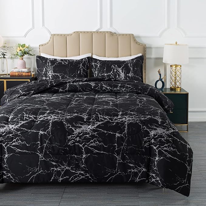 Caressma Twin Size Black Marble Comforter Set, Lightweight Soft 100% Microfiber Bedding Comforter Sets, Fluffy Comforter with Pillowcase 2 Pieces