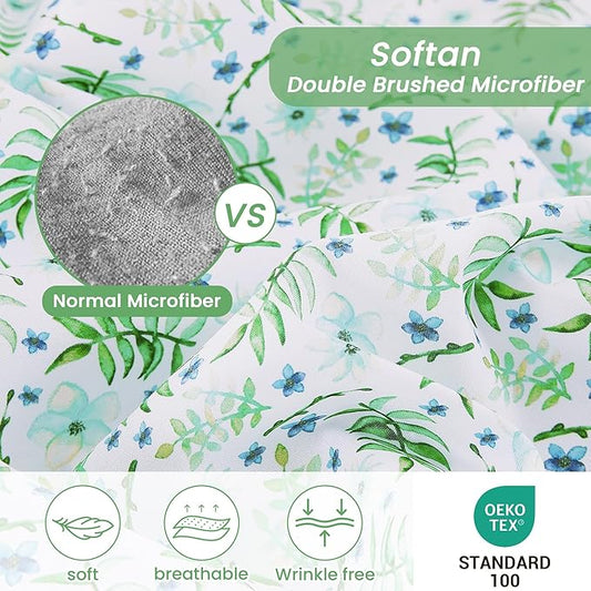 Softan Green Floral Full Sheet Set, Cozy Botanical Microfiber Printed Fitted Bed Sheet with 15" Deep Pockets & Non-Slip Straps, Fresh Greenery Blooms Patterned Sheets & Pillowcase Set