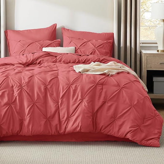 Bedsure Full Comforter Set Coral Red - Bed in a Bag Full Size Bedding Set 7 Pieces, GentleSoftโข Pintuck Bed Set Gift for Family, Pinch Pleat All Season Comforter with Sheets, Pillowcases & Shams