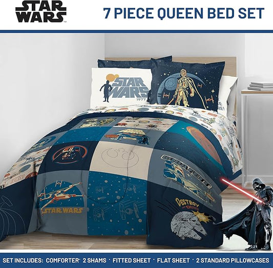 Jay Franco Kids Comforter Set Includes Sheets and Pillow Covers - Soft and Cozy Bed Set for Stylish Room Decor, Blue - Star Wars 01, 7 Piece Queen Bedding