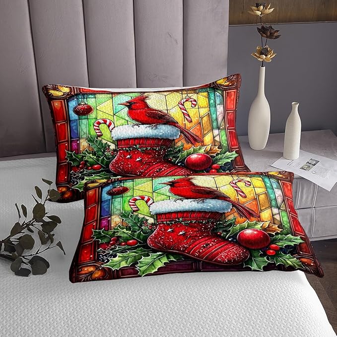 Merry Christmas Kids Bedspread Twin Size,Redbird Candy Christmas Stocking Happy New Year Coverlet Set,Boys Girls Room Decor,Leaves Geometric Quilted Coverlet,Red Xmas Bedding Quilt,1 Pillowcase