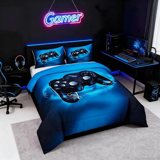 Feelyou Gamer Bedding Set for Boys Full Size Comforter Set Kids Gaming Comforter Blue Gamer Room Decor Video Game Gamepad Bed Set Teens Teenage Bedding Soft Warm 1 Comforter with 2 Pillowcases