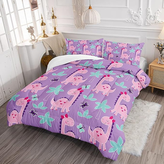 Axolotl Cute Dinosaur Comforter Set Queen Size,Girls Bedding Cartoon Dinosaur Bedding Set for Girls Teens Kids Boys Adults Room Decor,Kids Comforter Set All Season,1 Quilt 2 Pillow Cases,Purple