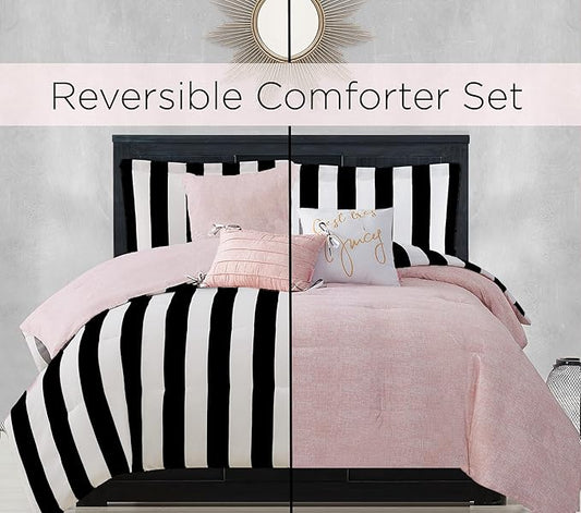 Juicy Couture – Comforter Set, Cabana Stripe Design, Twin Bedding, 5 Piece Set Includes 1 Comforter, 1 Sham and 3 Decorative Pillows, 100% Microfiber Polyester, Wrinkle Resistant