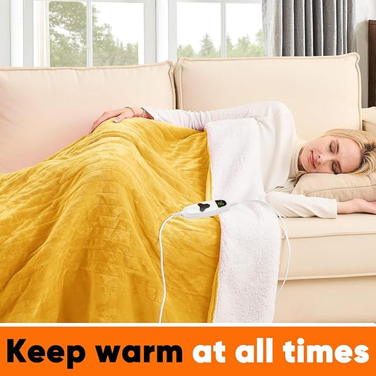greenoak Heated Blanket Electric Throw 50"X60", Heating Blankets with 10 Heat Levels 8 Hours Auto-Off, Soft Flannel Sherpa Fluffy House Warming Gifts for Grandma Seniors Mom,Ginger Yellow