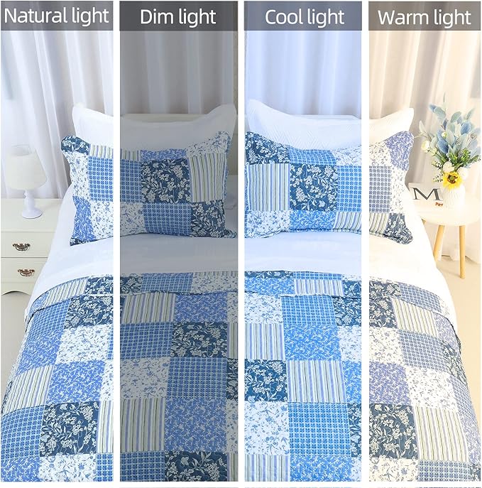 Cmfshape Summer Floral King Quilted Bedspread,Romantic Pink Quilt Set,Reversible Stitched Bedding Cover All Season,Soft Lightweight Coverlet with Pillow Cases (Blue&White, King(102"x90"))