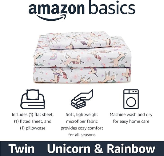 Amazon Basics Microfiber Kids' Sheet Set with Pillowcase, 3-Piece, Twin, Unicorn & Rainbow