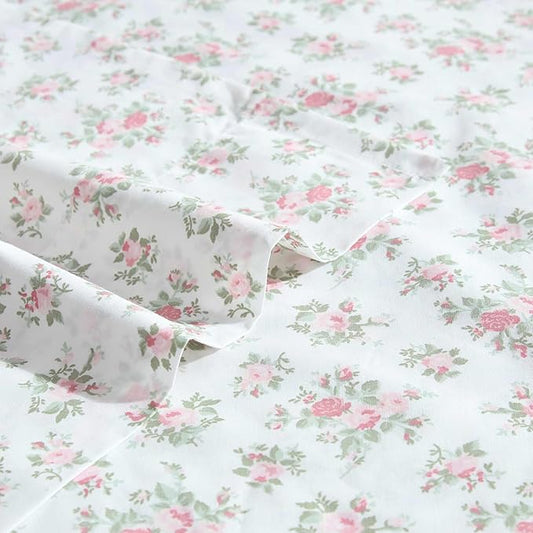 Laura Ashley - Sheets, Cotton Percale Bedding with Matching Pillowcases, Crisp & Breathable, Deep Pocket, Fully Elasticized (Leanna Rose Pink, Full)