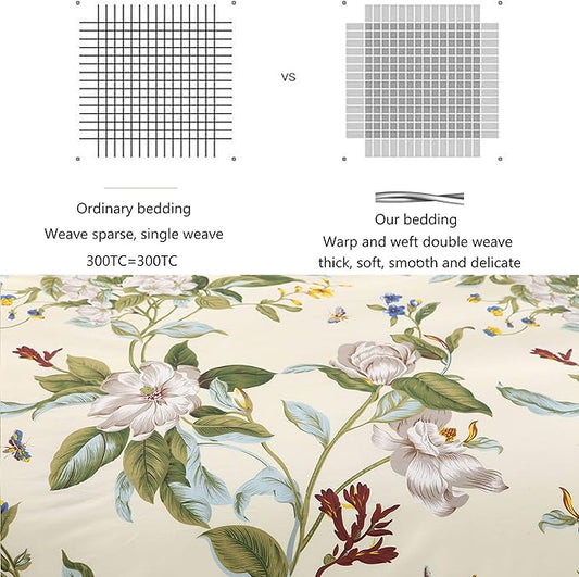 FADFAY Floral Duvet Cover Set 100% Cotton Green Striped and Beige Bedding White Flower Branches Print 600 TC Soft Reversible Zipper Bed Cover & 2 Pillowcases,King/Cal King(106x92)
