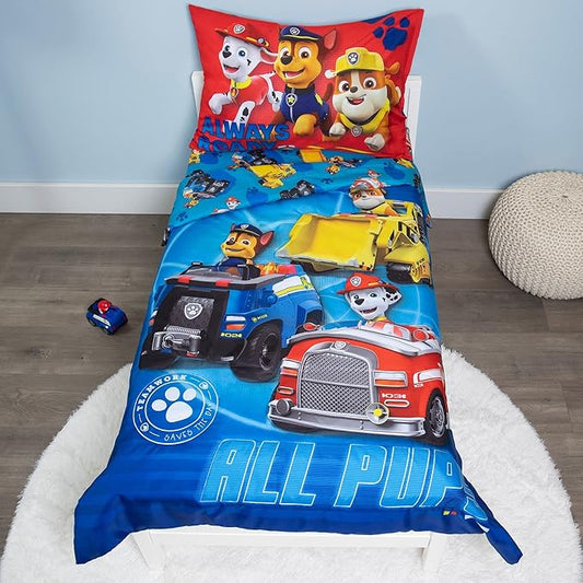 Paw Patrol Calling All Pups 4 Piece Toddler Bedding Set โ Includes Comforter, Sheet Set โ Fitted + Top Sheet + Reversible Pillowcase for Boys Bed, Blue