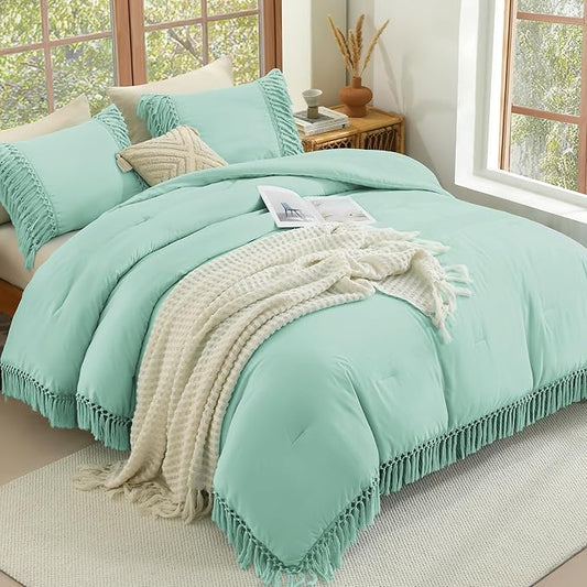 Andency Comforter King Size Set Mint, 3 Pieces Boho Tassel Lightweight Fluffy Bedding Comforters & Sets, Soft All Season Bed Set (104x90In Comforter & 2 Pillowcases)