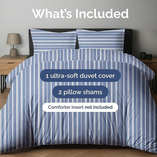 Duvet Cover Queen Size Set - Extra Soft Queen Duvet Cover 90" x 90" with 2 Pillow Shams - Hotel Luxury, Easy Care & Fade Free with Zipper Closures & Ties - Comfy, Cozy and Breathable (Blue Stripes)