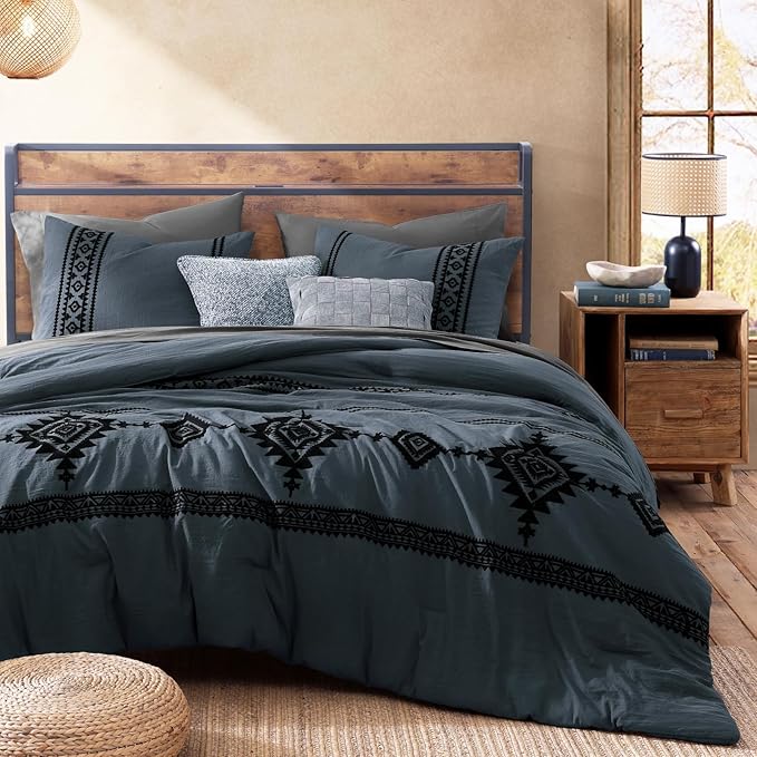 MaiRêve Oversized Queen Comforter Set Blue Grey, Embroidery Western Bedding Set Boho 7 Pieces, Farmhouse All-Season Bed in A Bag with Sheets, Pillowcases & Shams