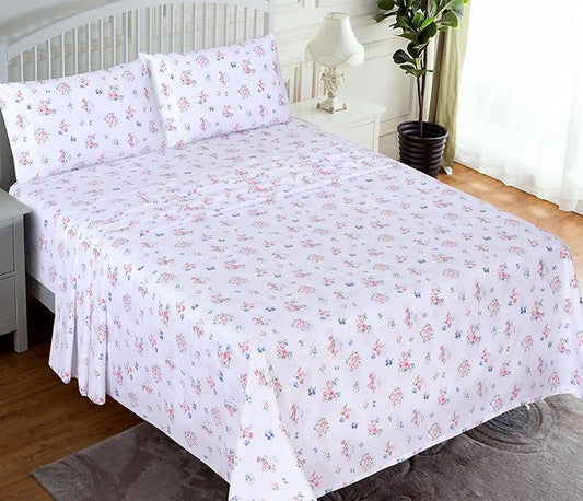 RUVANTI 100% Cotton Sheets – Queen Size Percale Bedding, Cooling & Breathable Floral Design, Durable with a Crisp, Soft & Comfortable Feel, 16" Deep Pocket, 4-Piece Set, Funa Flora