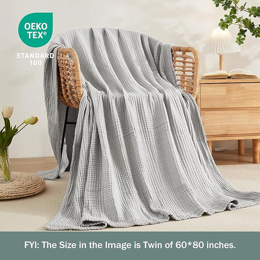 EMME Cotton Muslin King Blanket Big Oversized Bed Layering Bedspread Coverlet Breathable Gauze Soft Lightweight Blankets (Light Grey, 120"x94")