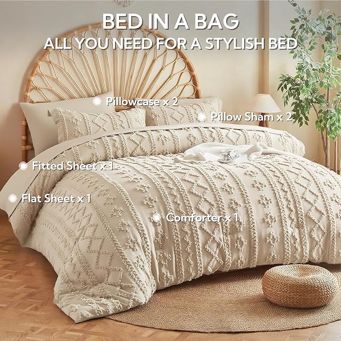 MR&HM California King Comforter Set Beige, 7 Pieces Tufted Boho Beddding Sets, Farmhouse Style Bed in a Bag with 1 Comforter, 2 Pillow Shams, 2 Pillowcases, 1 Flat Sheet, 1 Fitted Sheet