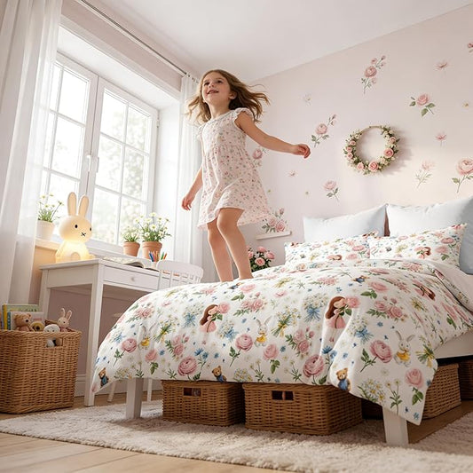 Girls Twin Size Bed in A Bag for Kids, 5Pcs Pink Rose Comforter Set Priness Rabbit Bear Bedding, 1 Quilted Comforter(68"x86")&2 Pillowcase&1 Flat Sheet &1 Fitted Sheet