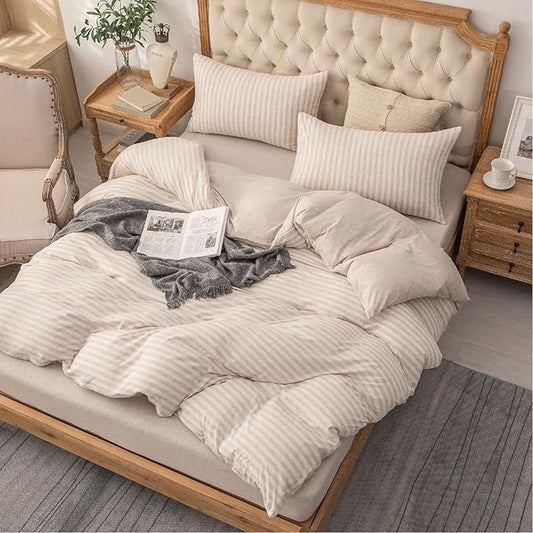 PURE ERA Jersey Knit Duvet Cover Set 100% T-Shirt Heather Cotton Super Soft Comfy Classic Striped Design, with Zipper Closure, Heather Beige Stripe, Cal King