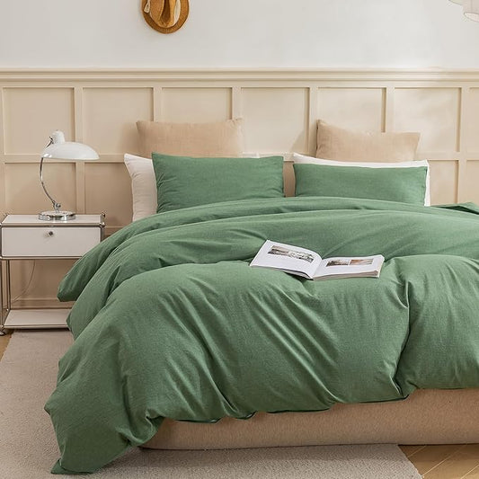 ECOCOTT Sage Green Duvet Cover Full Size, 100% Washed Cotton 3-Piece Bedding Set - Ultra Soft, Breathable & Easy Care with Zipper Closure and 2 Pillowcases (No Comforter)