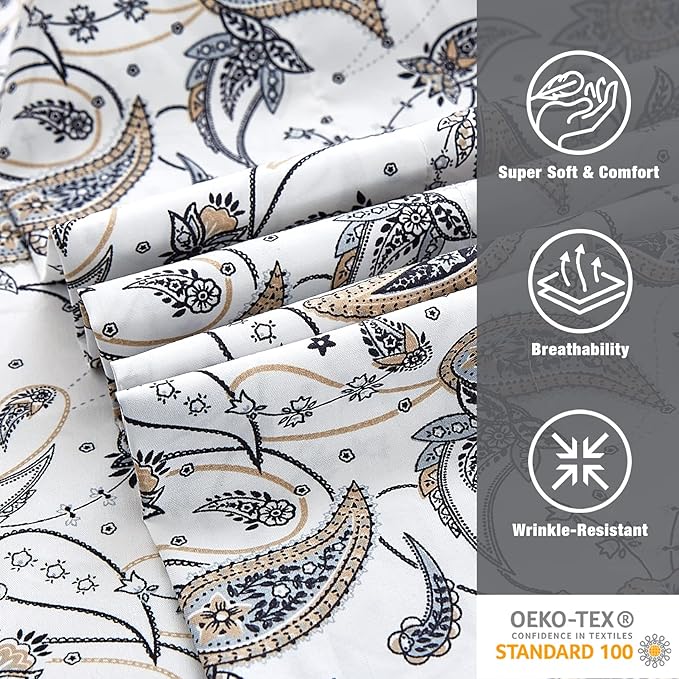 JSD Grey Paisley Printed Sheet Set Cal King, 4 Piece Soft Retro Pattern Microfiber Sheets Extra Deep Pocket