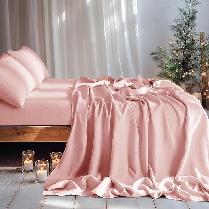 LBRO2M 100% Pure Linen Sheet Set Deep Pocket Up to 16" Bed Sheets Sets, Natural Flax Beddings Soft, Breathable, Comfortable for All Seasons 4 Pcs Sheet Set King Size, Blush Pink